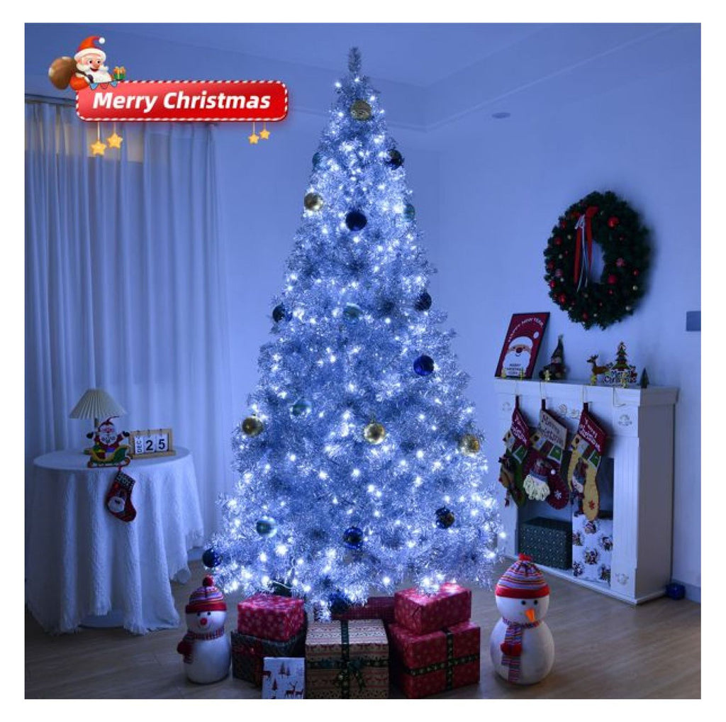 8ft Pre-Lit Silver Christmas Tree, 1350 Tips, 500 Lights, Hinged Xmas Pine Tree with Remote, Indoor Holiday Decorations