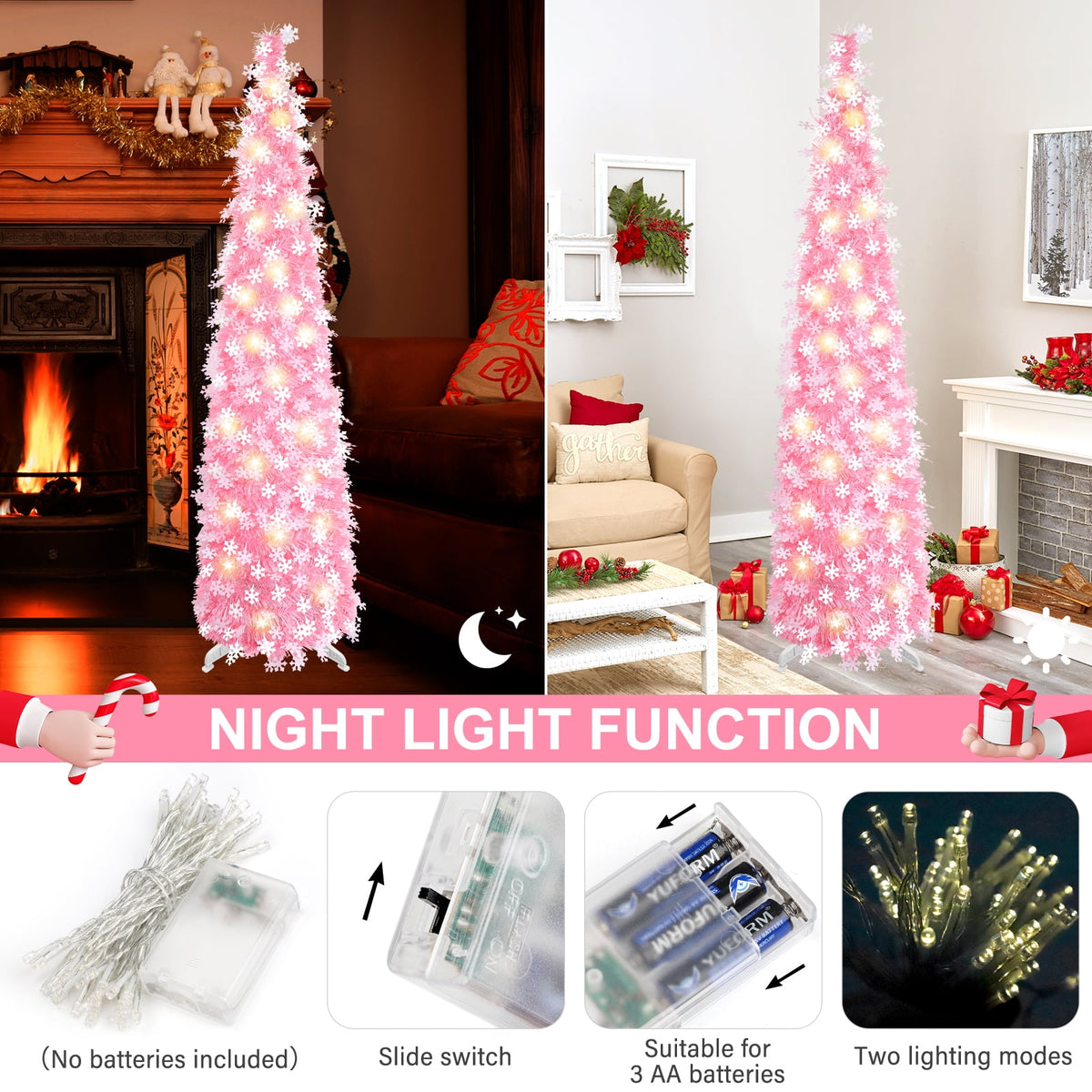 Ayieyill 5ft Pencil Christmas Tree, Collapsible Xmas Tree with Lights, Pop Up Tinsel Tree for Christmas Decorations Indoor, Pink White