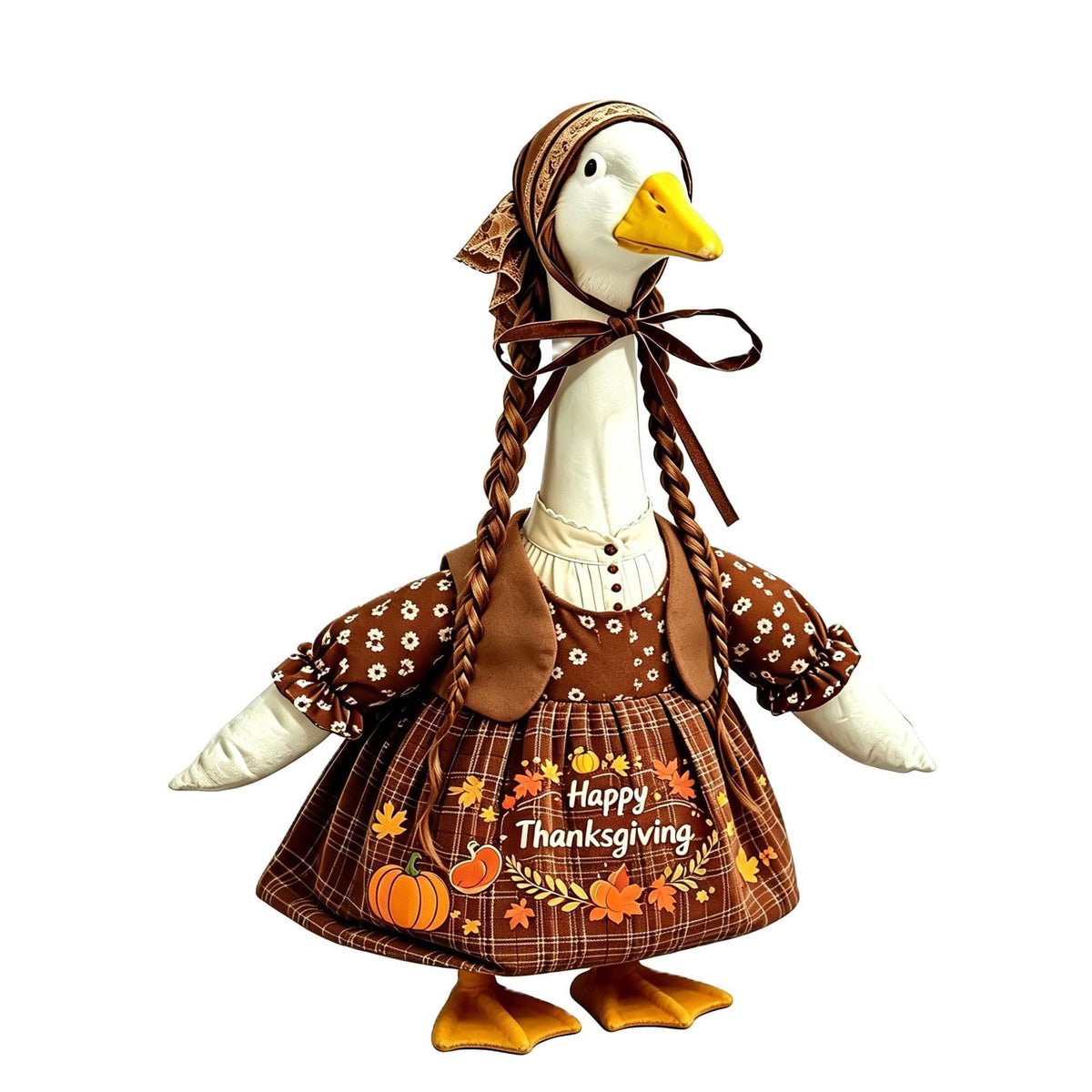 AZXY Thanksgiving Porch Goose Outfit, 23 Inch Lawn Goose Costume with Pilgrim Hat & Pumpkin Turkey Print Dress, Goose Clothes for Cement Plastic Goose Statue, Outdoor Yard Patio Fall Garden Decor