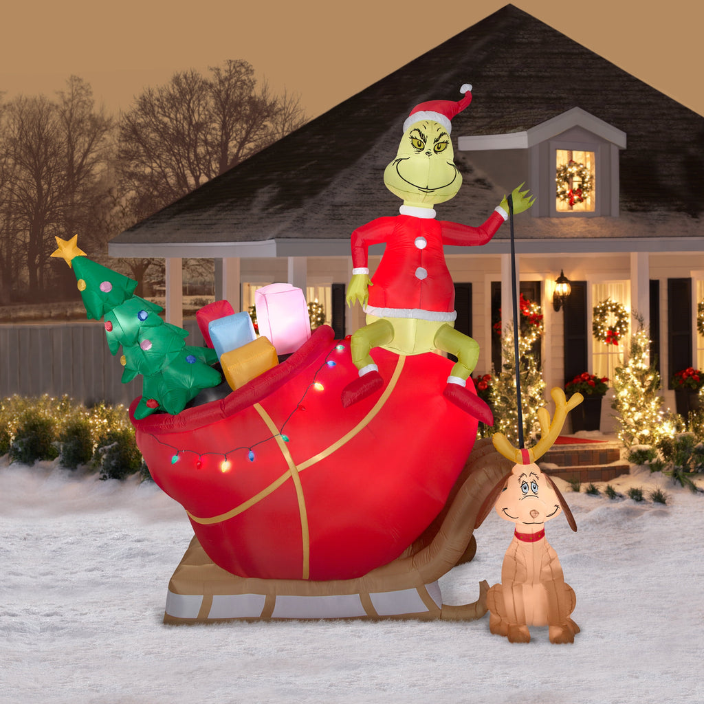 Airblown Inflatables Christmas 12 Foot Grinch and Max in Sleigh