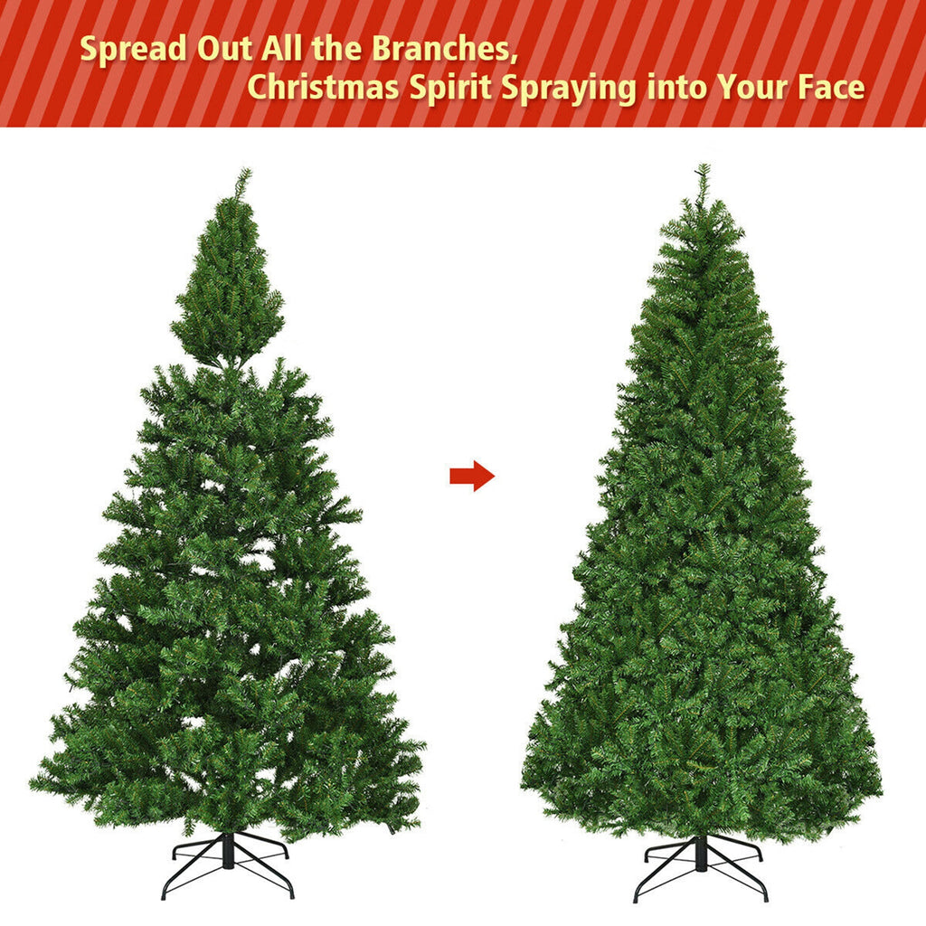 Gymax 8FT Pre-Lit Christmas Tree Hinged Artificial Tree w/ Metal Stand LED Lights