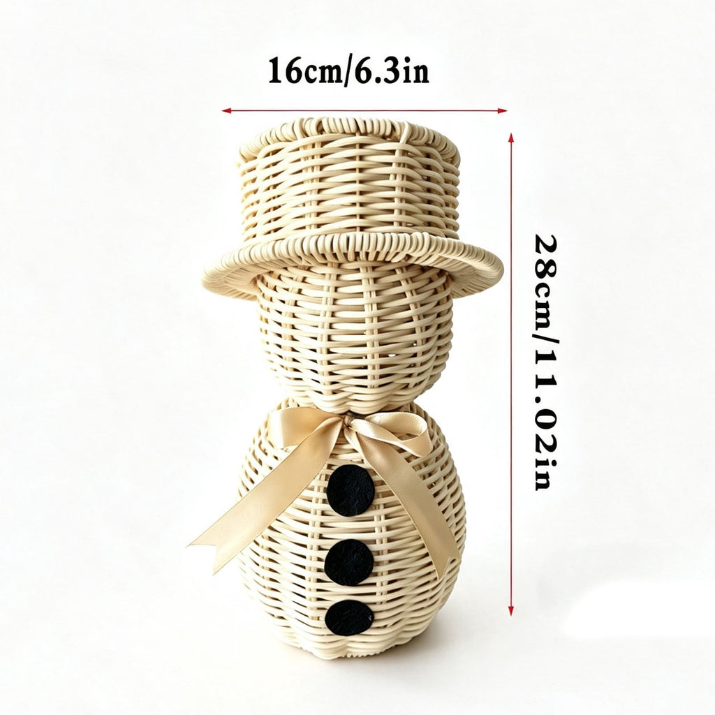 FeiBiQiuBi 14.9" Resin Rattan Style Snowman, Rustic Snowman Decorations with Bow, Woven Natural Style Freestanding Design Winter Farmhouse Decor for Home Kitchen Garden, Holiday Table Mantel Decor
