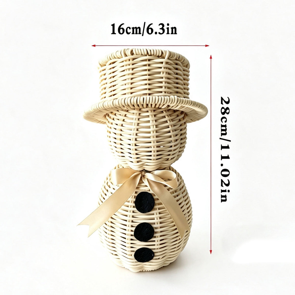 FeiBiQiuBi 14.9" Resin Rattan Style Snowman, Rustic Snowman Decorations with Bow, Woven Natural Style Freestanding Design Winter Farmhouse Decor for Home Kitchen Garden, Holiday Table Mantel Decor