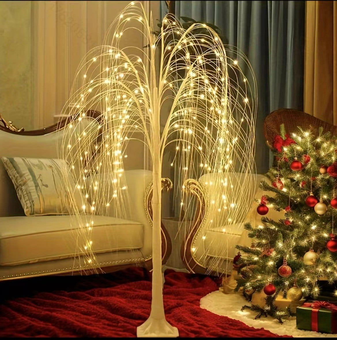 HOARBOEG 4FT Lighted Weeping Willow Tree, Outdoor Indoor Decorative LED Tree with Remote Control, Battery Operated Light Up Tree for Christmas Wedding Party Garden Home Decor