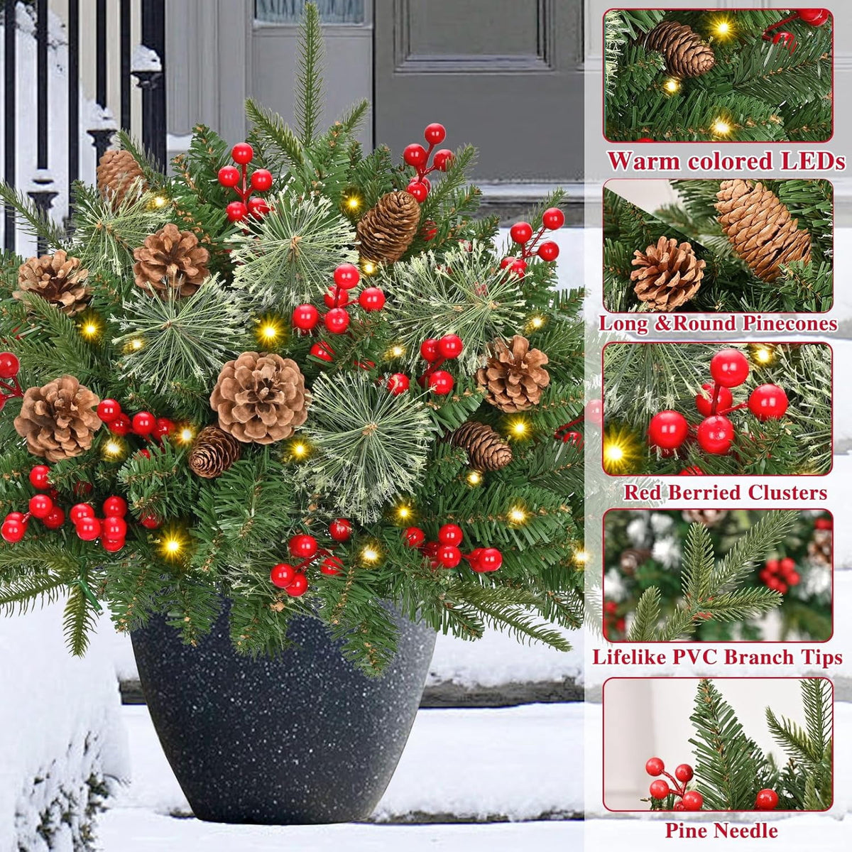 Ikfashoni 2 Pack Christmas Urn Filler, Pre-lit Outdoor Christmas Tree with Remote, Artificial Christmas Porch Pathway Decoration