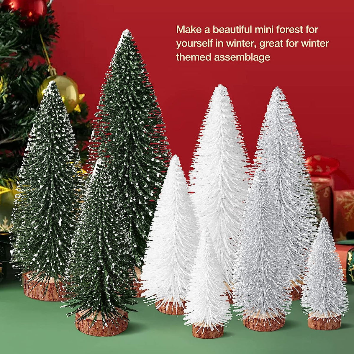 Ayieyill 9Pcs Mini Christmas Trees Christmas Decor Artificial Christmas Decorations with 4 Sizes, Christmas Tree Bottle Brush Trees Christmas Table Decorations (Pink+White)
