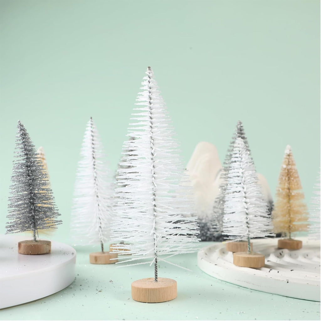 8 Pcs Artificial Mini Christmas Trees, Miniature Pine Trees Sisal Trees with Wood Base Tabletop Christmas Tree for Christmas Xmas Holiday New Year