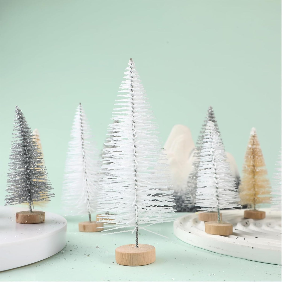 8 Pcs Artificial Mini Christmas Trees, Miniature Pine Trees Sisal Trees with Wood Base Tabletop Christmas Tree for Christmas Xmas Holiday New Year
