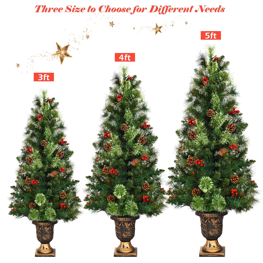 Costway 4ft Pre-Lit Christmas Entrance Tree In Urn w/ 60 LED Light Red Berries Pine Cone