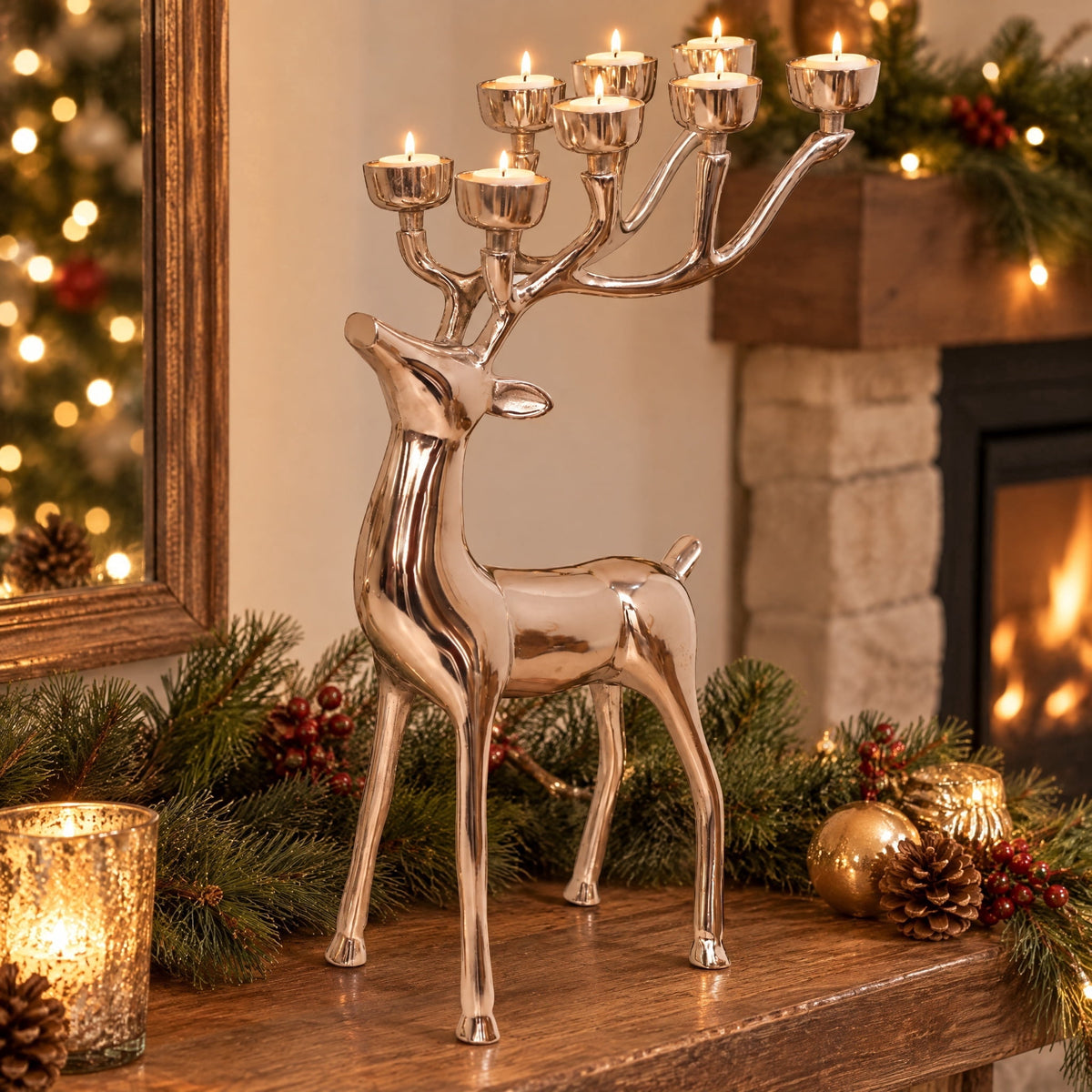 My Texas House Aluminum Standing Reindeer with 8 Tealight Candle Holders Christmas Decoration, Silver, 20"
