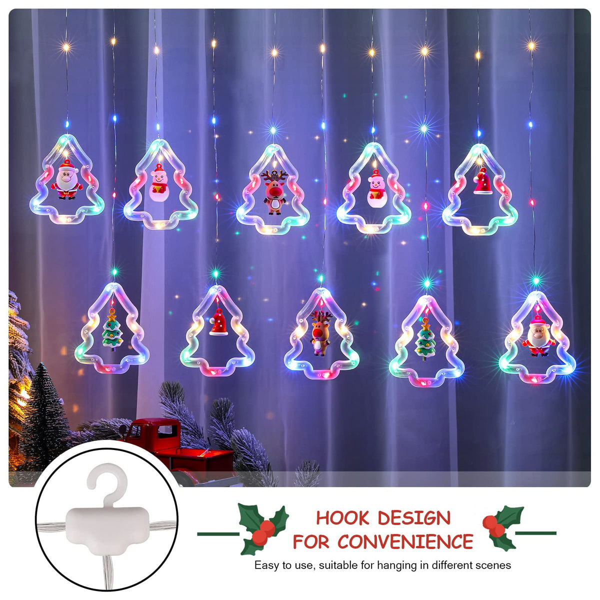 WILLED Christmas String Lights, 120 LED Window Curtain Lights with Christmas Ornaments, 9.8ft USB Powered Warm White Waterproof Fairy Lights Indoor Outdoor for Xmas Tree Patio Garden Party Home Decor