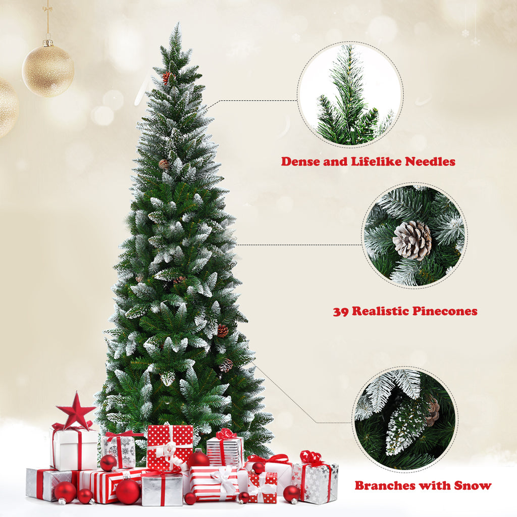 Gymax 5ft Snow Flocked Pencil Christmas Tree Classic Realistic PVC Needles W/Pine Cones