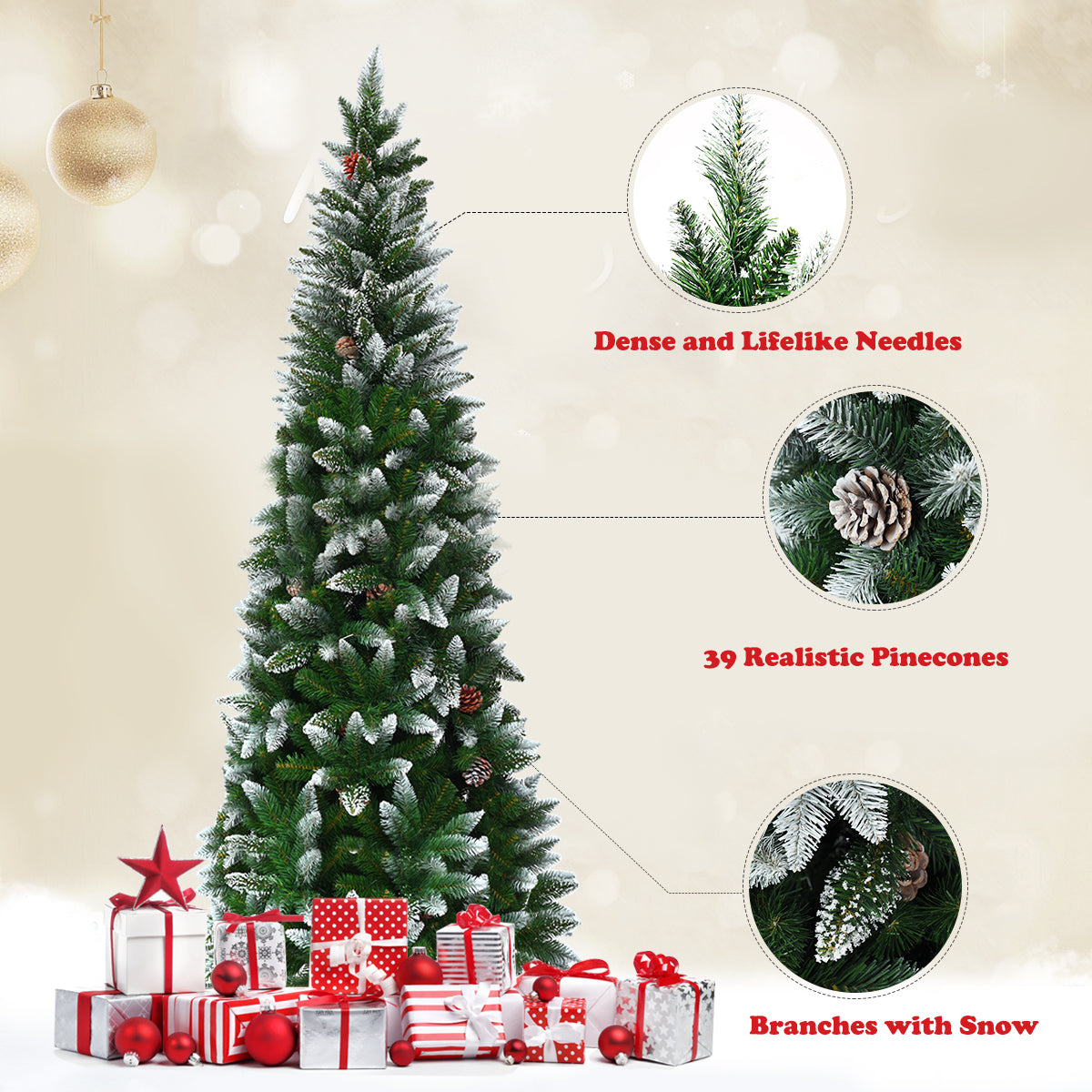Gymax 5ft Snow Flocked Pencil Christmas Tree Classic Realistic PVC Needles W/Pine Cones