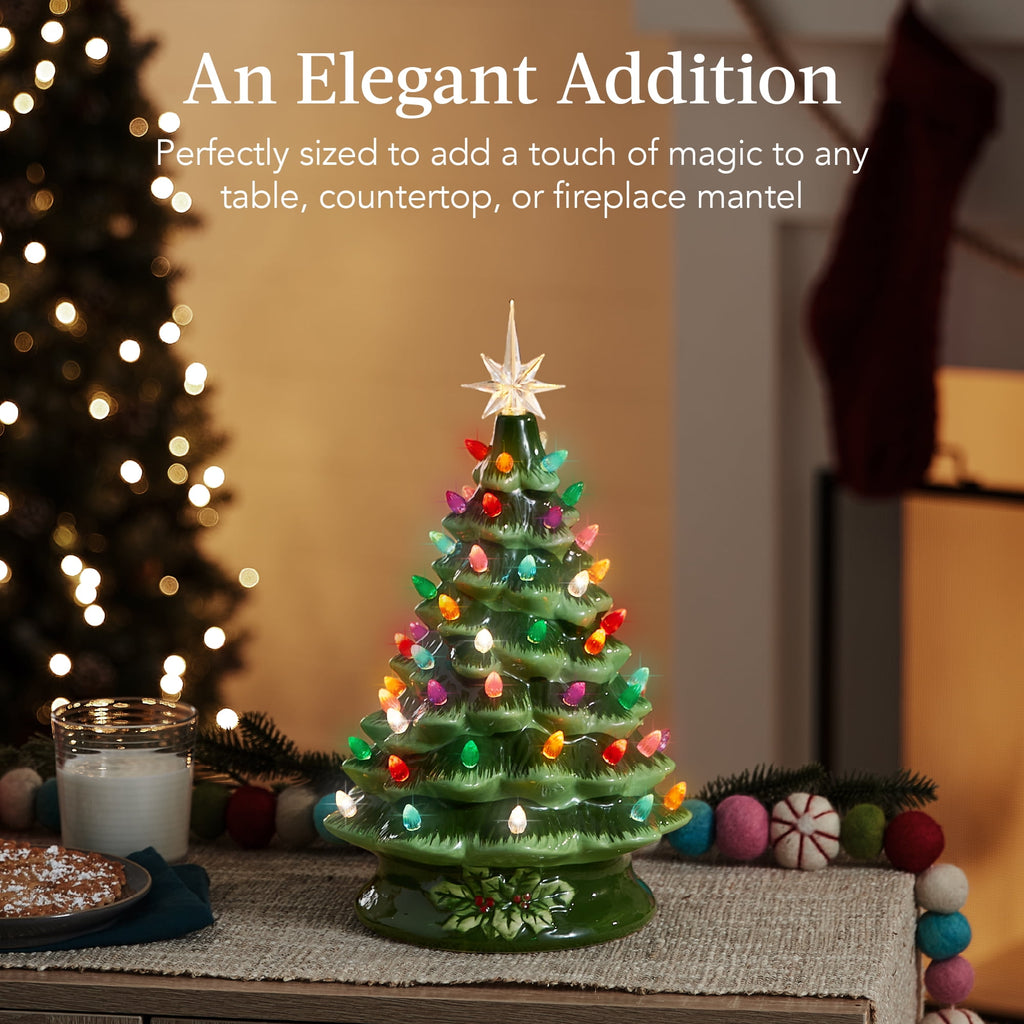 Best Choice Products 15in Ceramic Christmas Tree, Pre-lit Hand-Painted Tabletop Holiday Tree, Gingerbread Red/White/Grn