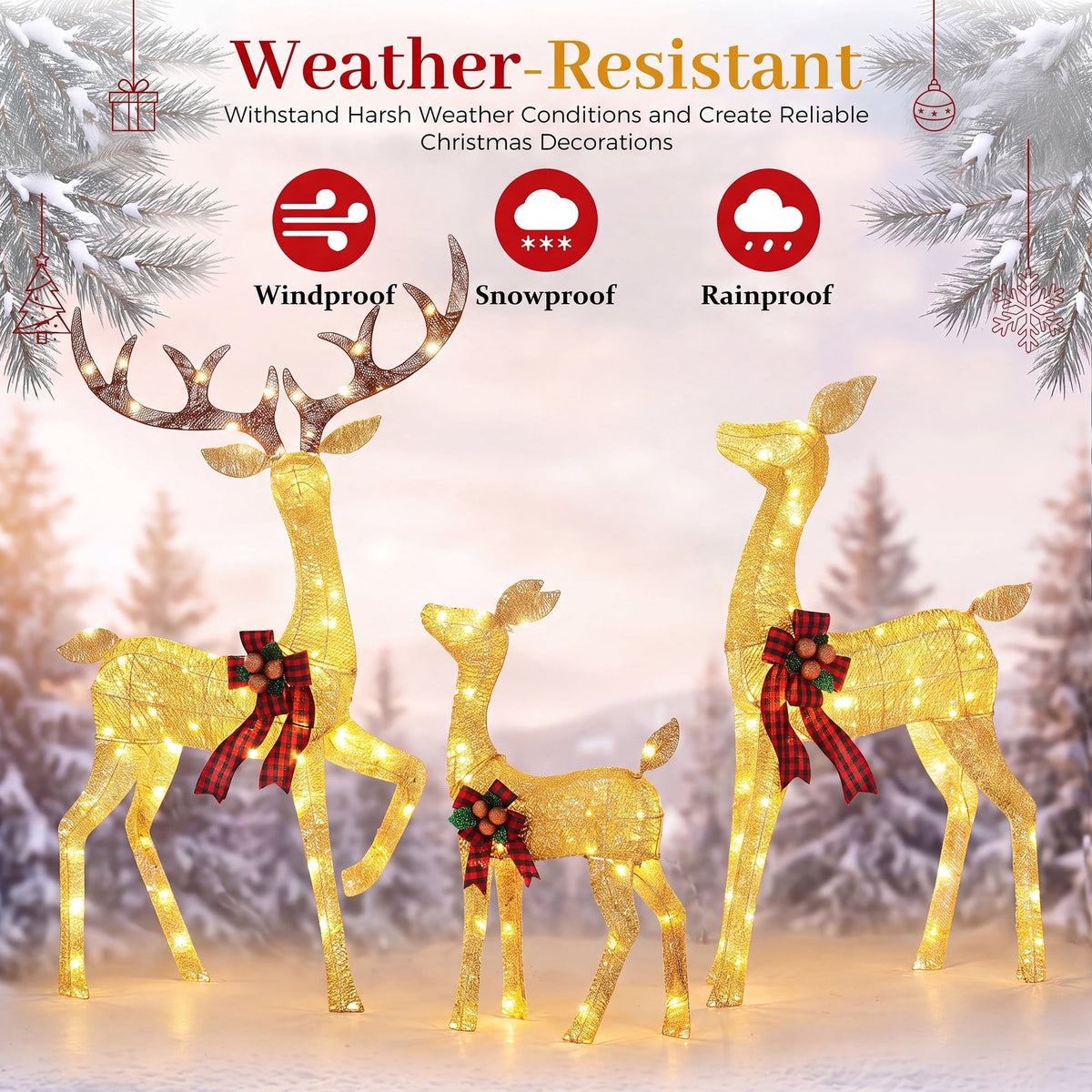 FOOWIN 3-Piece Large Christmas Deer Family, Lighted Outdoor Christmas Decoration, Champagne Gold