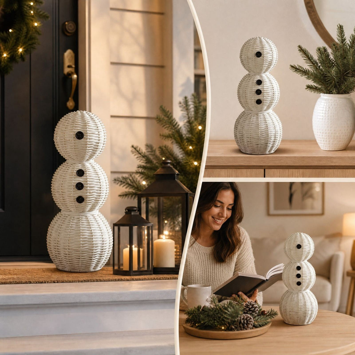 FeiBiQiuBi 14.9" Resin Rattan Style Snowman, Rustic Snowman Decorations with Bow, Woven Natural Style Freestanding Design Winter Farmhouse Decor for Home Kitchen Garden, Holiday Table Mantel Decor