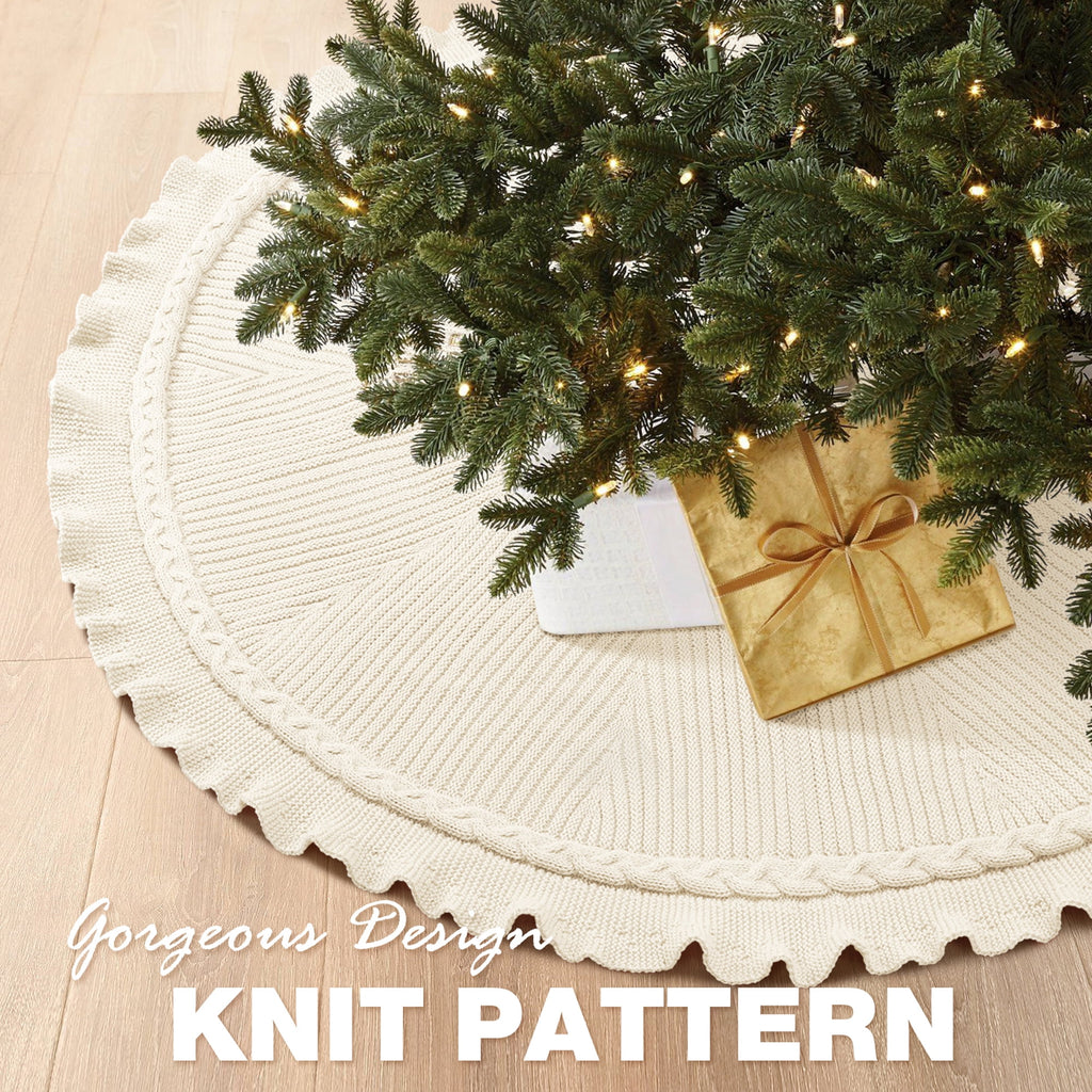 Ayieyill Christmas Tree Skirt, 48 inches Cable Knit Knitted Thick Rustic Xmas Tree Skirts Decoration, Red Tree Skirt Christmas Decoration, Burgundy