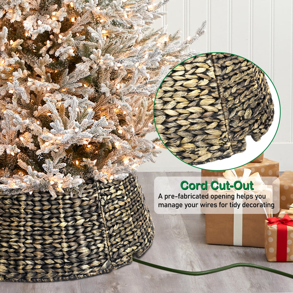 Ayieyill 26in Woven Hyacinth Christmas Tree Collar, Christmas Tree Decorations, Tree Skirt Accessory w/ Cord Cut-Out | Black