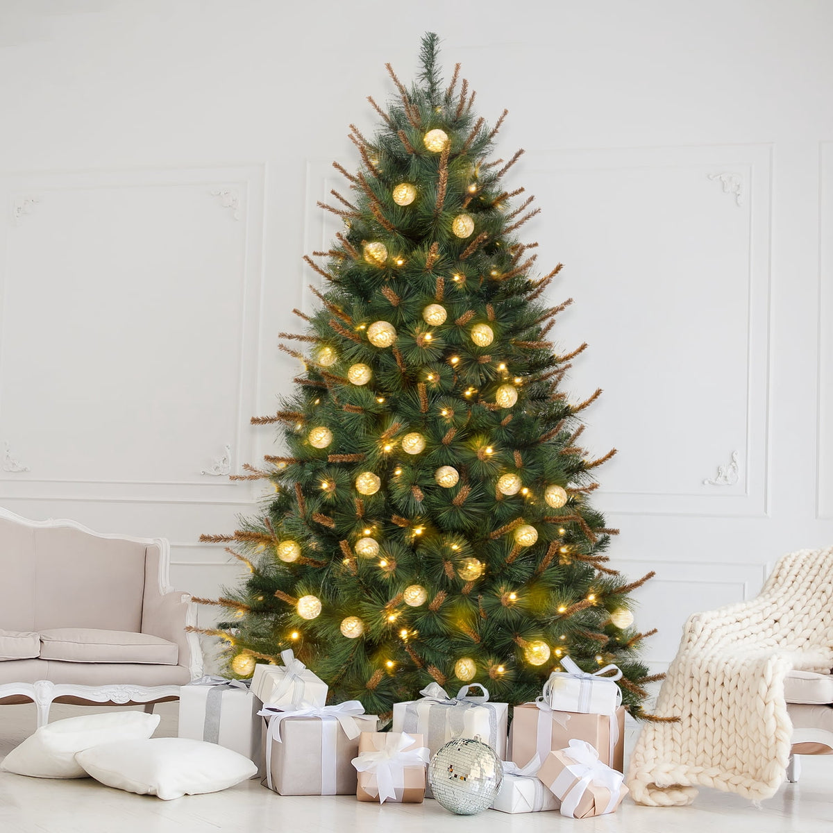 Naomi Home 6.5ft Selena Green Prelit Christmas Tree With 300 Globe Bulb Lights, 857 Branch Tips, 43in Wide, Metal Stand