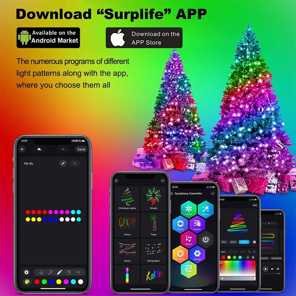 IC ICLOVER Christmas Tree String Lights Decorations with Ring Smart APP, 400 LED Waterfall Lights IP65 Waterproof Multi-Modes with Remote Color Changing Lights for Wedding Yard Party Home Holiday