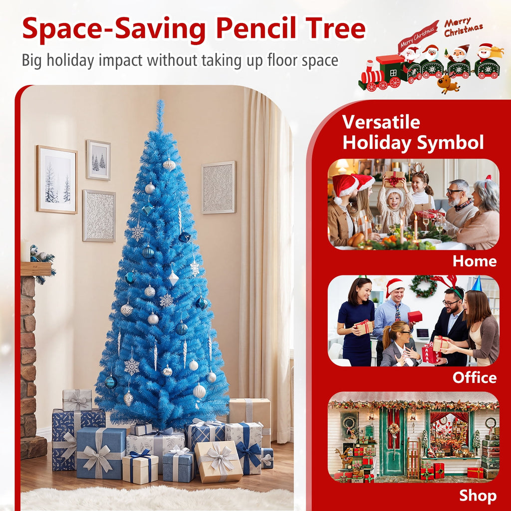 Costway 6FT Unlit Pencil Slim Tree Artificial Christmas Tree Metal Blue