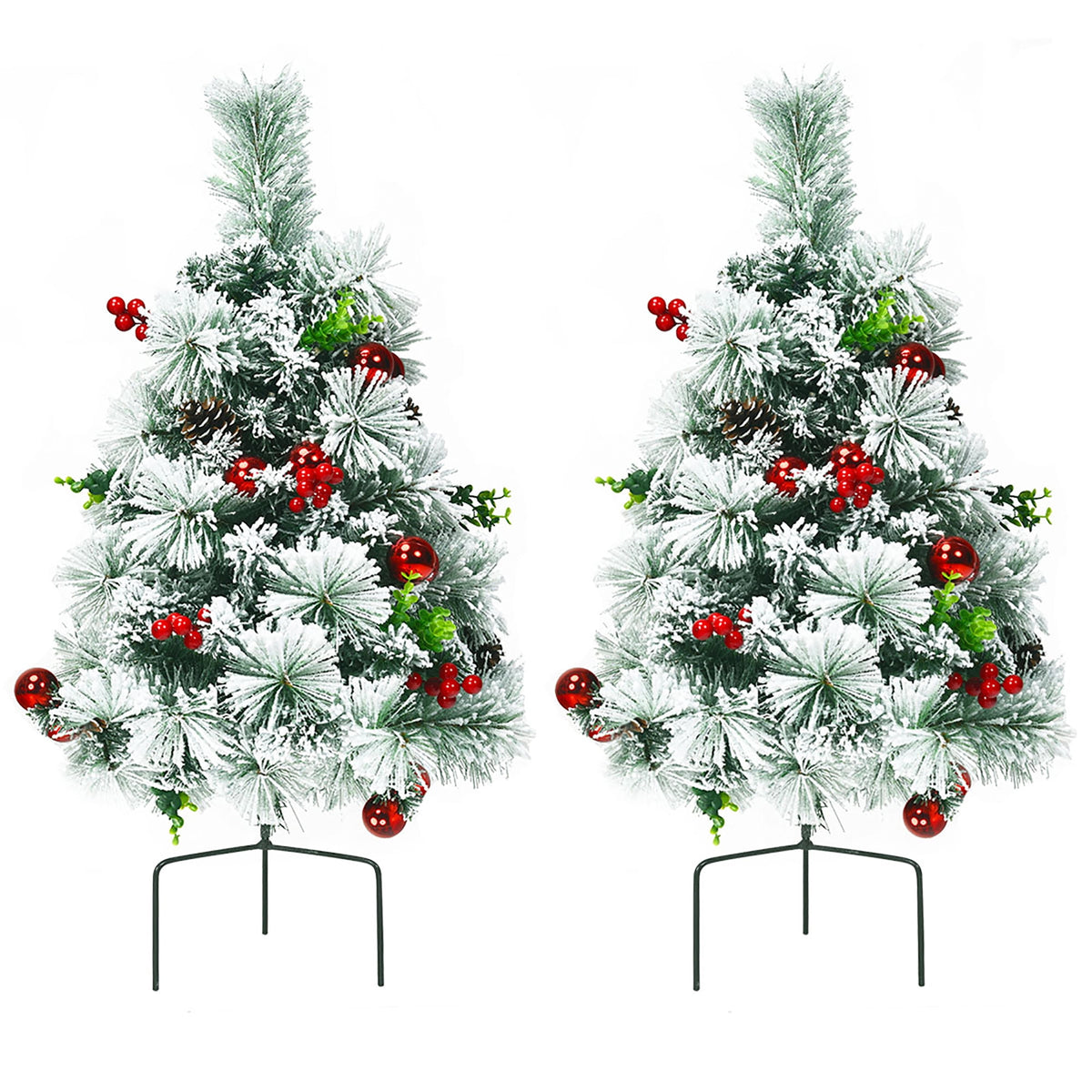 Costway Set of 2 29 in Battery Powered Pre-lit Pathway Flocked Christmas Trees Outdoor