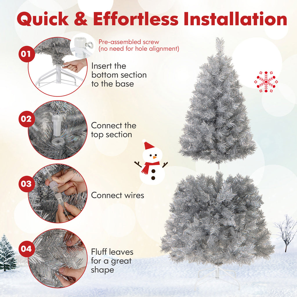 Gymax 7 FT Pre-Lit Artificial Christmas Tree Silver Tinsel Hinged Xmas Tree