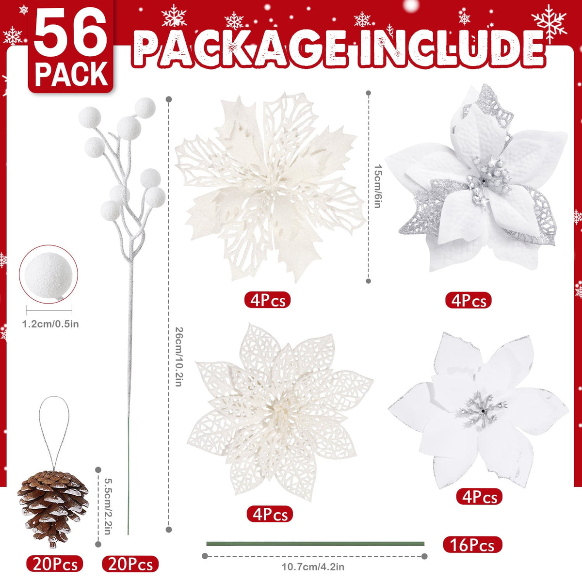 Ayieyill 56Pcs Poinsettia Christmas Flowers Decorations Christmas flower ornaments Artificial Glitter Berry Stems Christmas Pine Cones Christmas Tree Ornaments Set Christmas Tree Decorations (Pink)