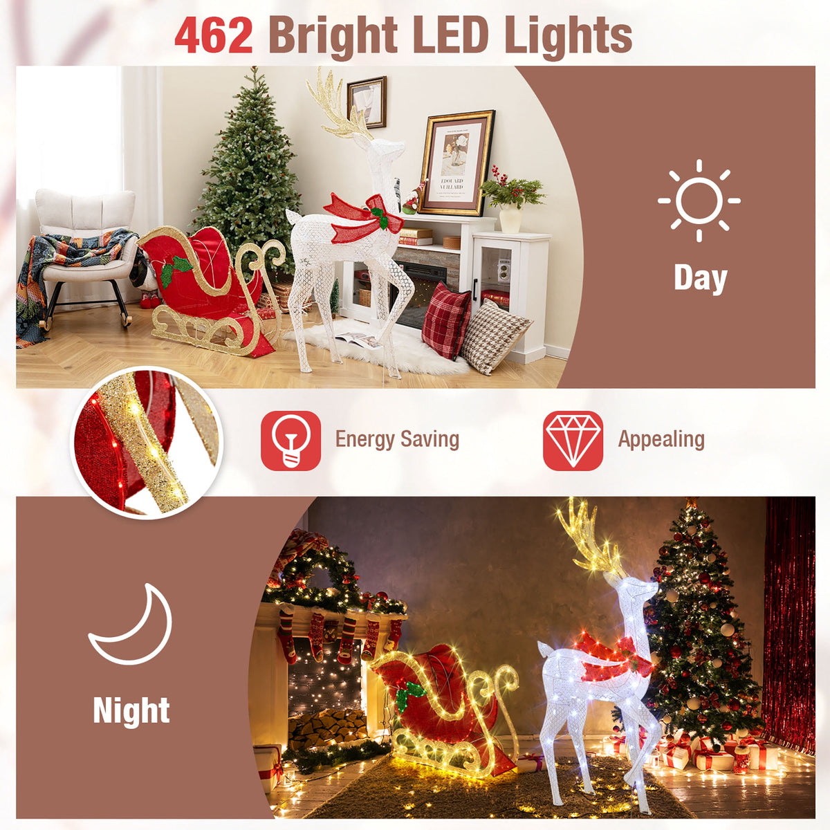 Gymax Lighted Christmas Reindeer & Sleigh Set Light-up Xmas Decorations w/462 LED
