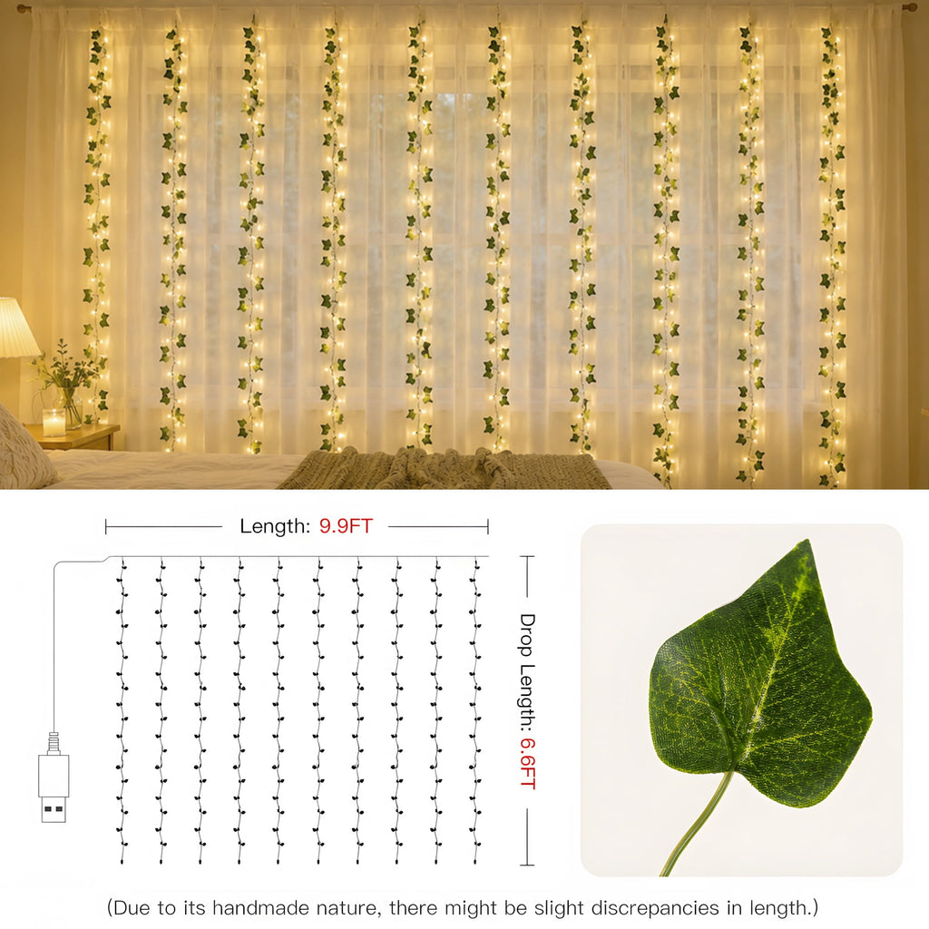 DAYBETTER Ivy Curtain String Lights, 200 LED USB Powered Hanging Artificial Plant Fairy Lights with 8 Modes, for Wedding Party Holiday Decor (9.9 x 6.6FT)