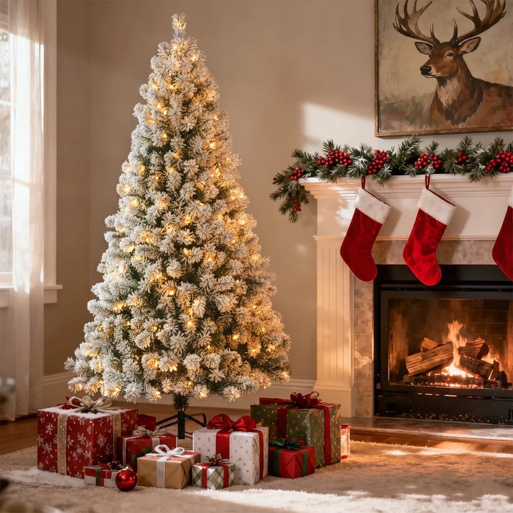 DAYBETTER 6ft Artificial Christmas Tree, Snow Flocked Christmas Pine Tree, with 210 Warm White Lights, 627 White Tips Branch, Includes Metal Stand for Xmas Holiday, Indoor and Outdoor Decor