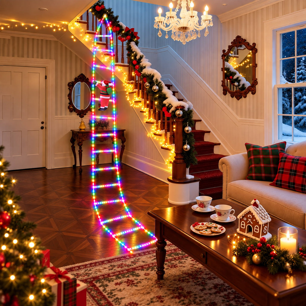 Anoak Christmas Decorations Santa Climbing Ladder with Lights, 10.5ft Christmas Decorative LED String Lights Outdoor Indoor for Xmas Tree Decor, Window, Garden, Home, Multicolor