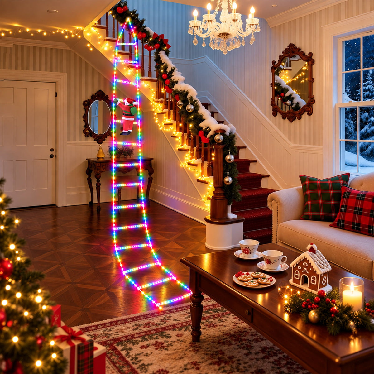 Anoak Christmas Decorations Santa Climbing Ladder with Lights, 10.5ft Christmas Decorative LED String Lights Outdoor Indoor for Xmas Tree Decor, Window, Garden, Home, Multicolor
