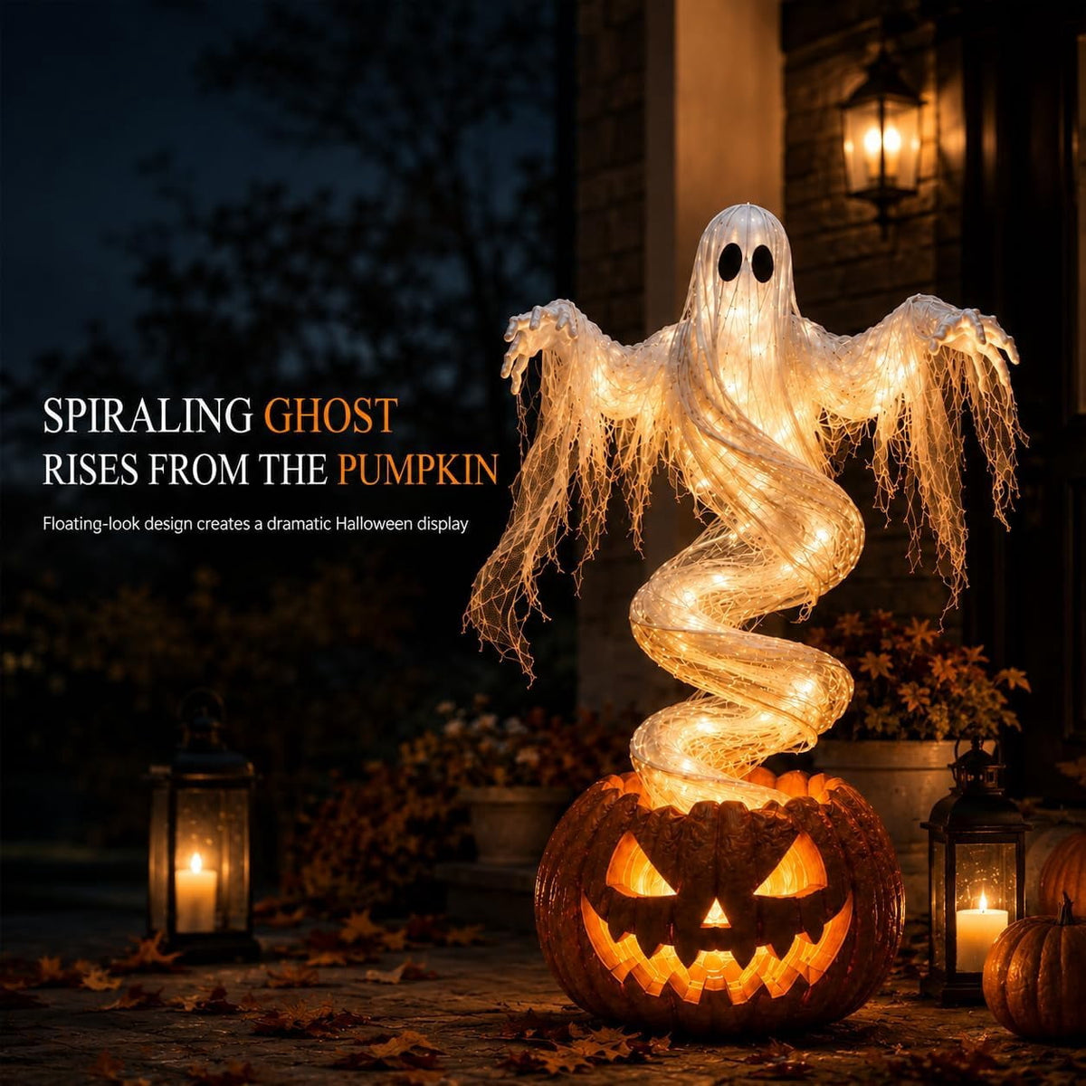Swirling Ghost Pumpkin Yard Lamp, Outdoor Porch Decoration with Rotating Light Effect