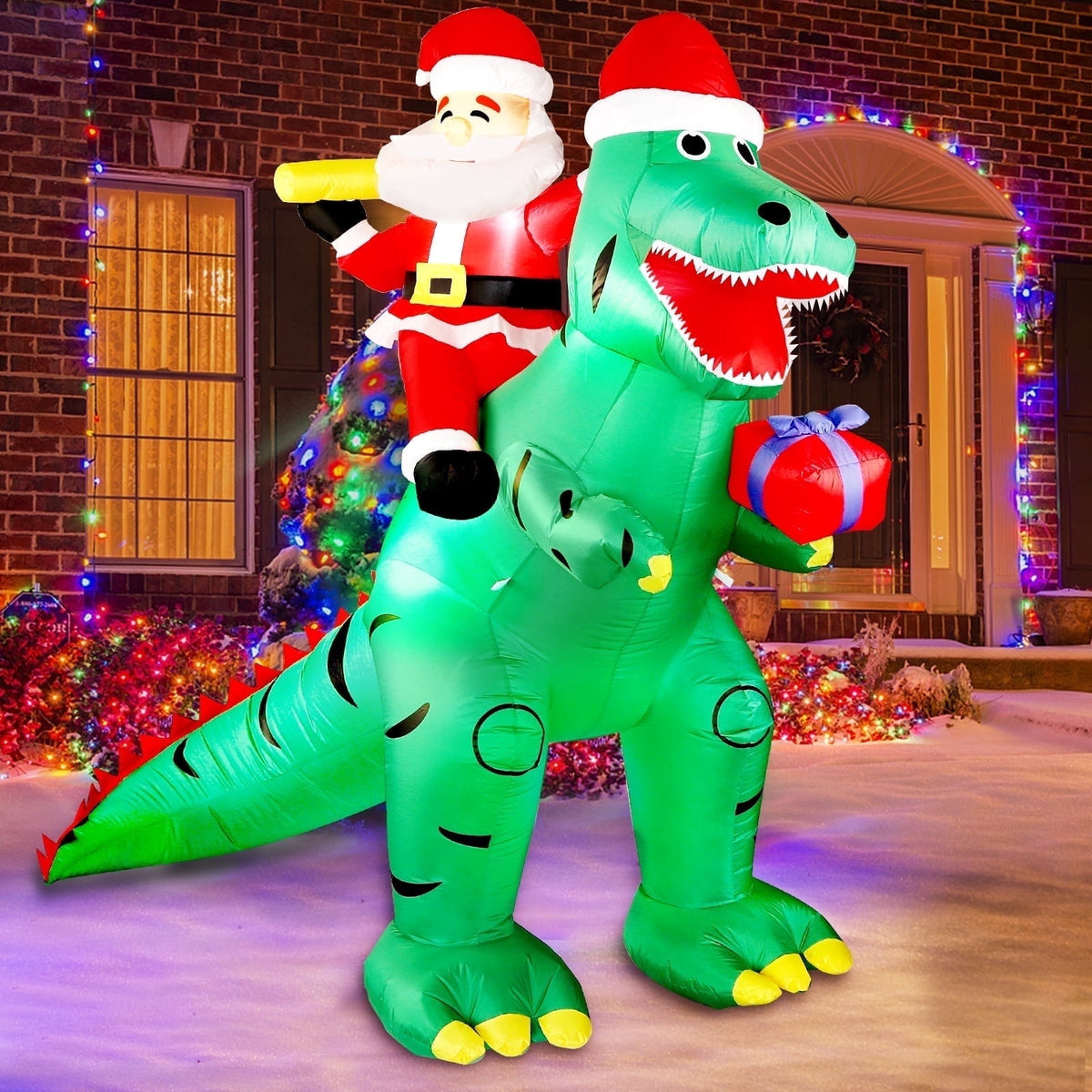 7FT Christmas Inflatable Decorations Clearance, Giant Xmas Santa Dinosaur Blow Up LED Light Up Indoor Outdoor Yard Decorations with Gift Box, Holiday Xmas Party Patio Garden Lawn New Year Kids Gifts