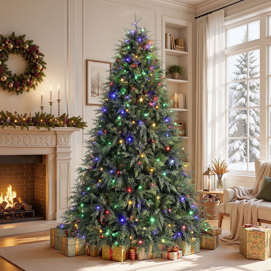 Lolsea 7ft Prelit PE Aspen Cypress Artificial Christmas Tree with Remote Control, Timer and Warm White & Multi-Color Lights