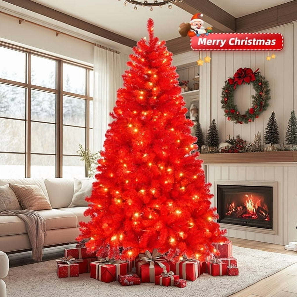 7FT Pre-Lit Red Christmas Tree - 1100 PVC Branch Tips, 400 LEDs, 10 Modes w/Remote, Flame-Retardant Artificial Holiday Centerpiece
