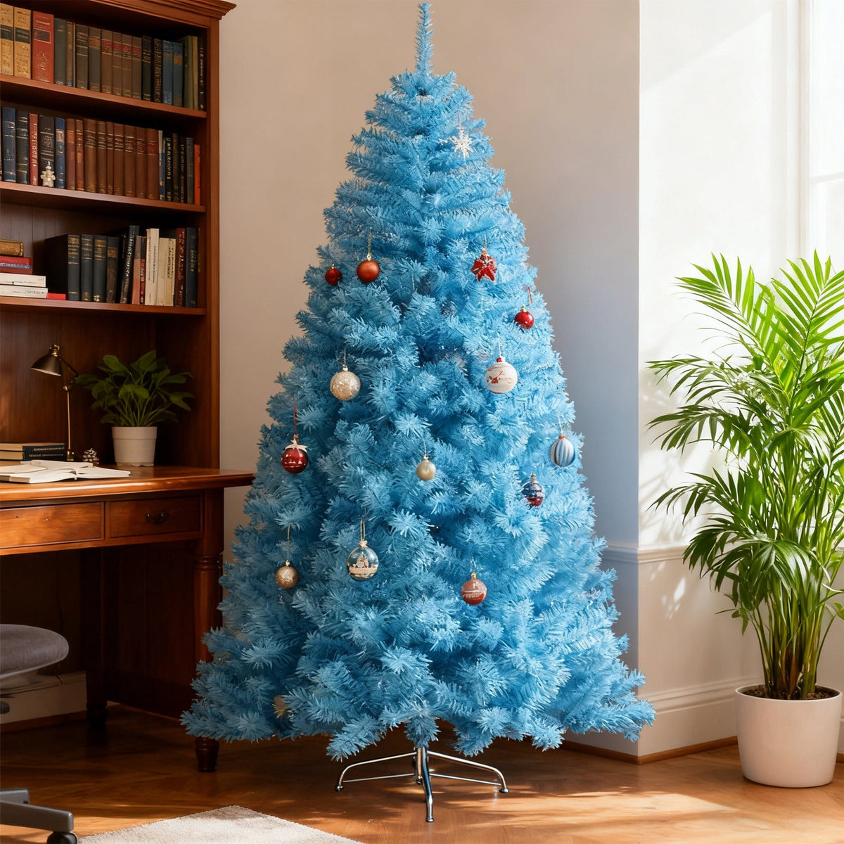 7Ft Blue Hinged Spruce Artificial Christmas Tree Premiums Unlit Full PVC Pine Needle Xmas Tree With 1000 Branch Tips And Metal Base Stand Easy Assembly Holiday Decor for Home Party Indoor