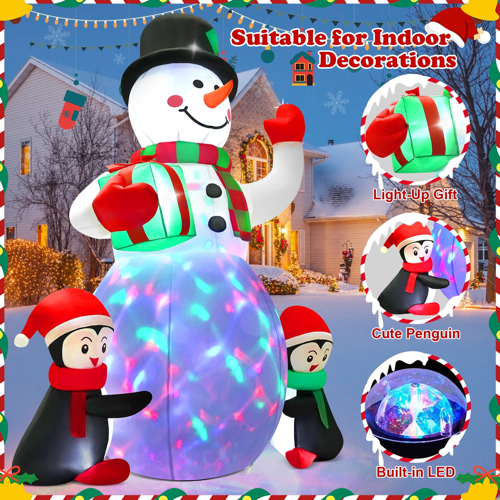 Yexmas 6.3 FT Christmas Inflatable Snowman with Penguins and Gift Box, Rotating LED Lights, Outdoor Christmas Blow Up Yard Decoration
