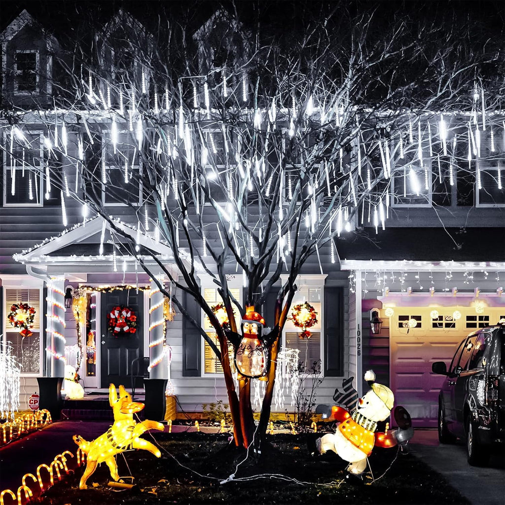 Rirool White Solar Meteor Shower Lights, 20 in 8 Tube 288 LED Raindrop Icicle Lights with Remote Timer, Waterproof Outdoor Snowfall Christmas Wedding Eave Tree Decor for Holiday Yard Patio