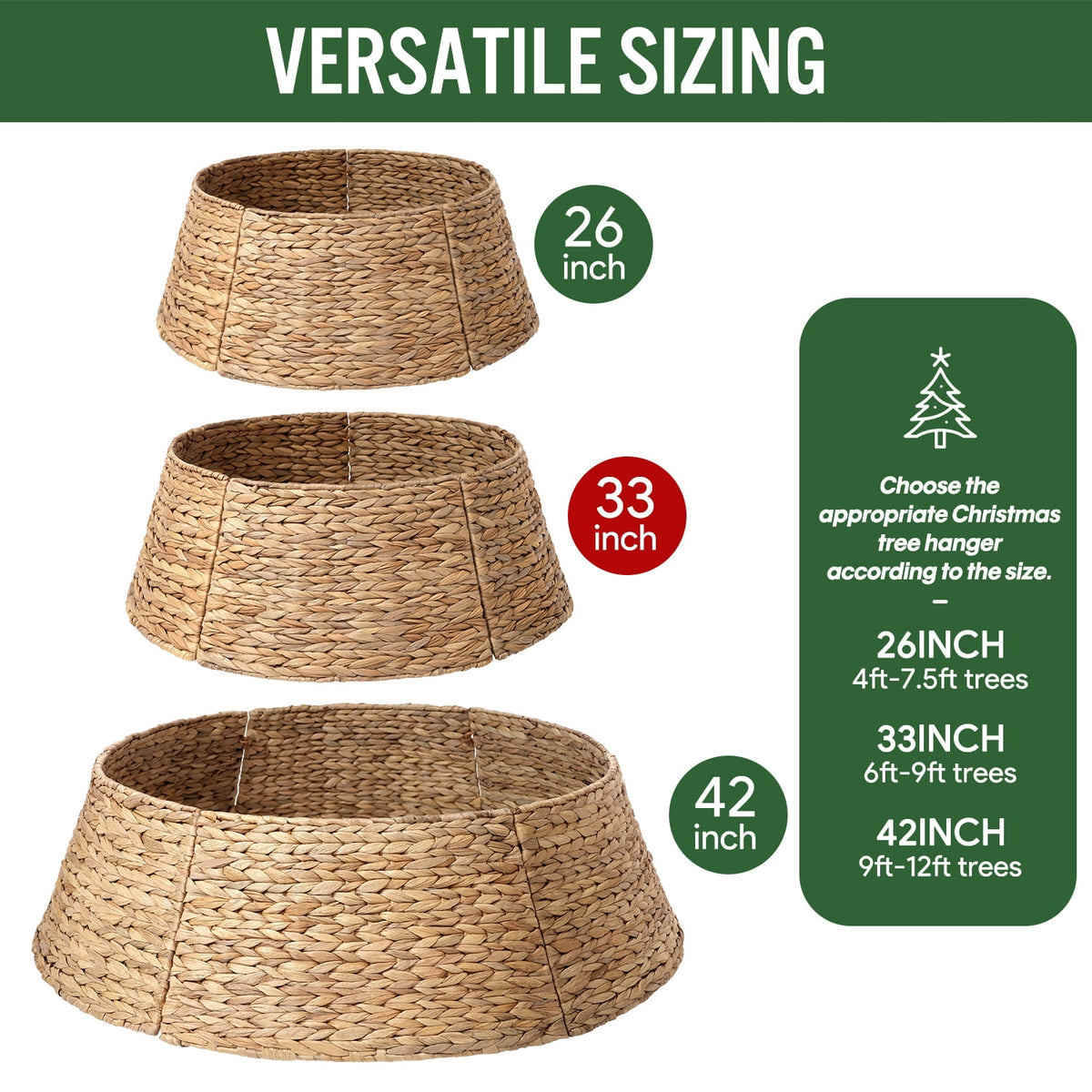 Ayieyill 26in Woven Hyacinth Christmas Tree Collar, Christmas Tree Decorations, Tree Skirt Accessory w/ Cord Cut-Out | Natural
