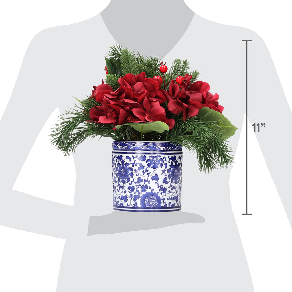 My Texas House Hydrangea Christmas Floral Arrangement in Ceramic Pot, Multicolor, 11"