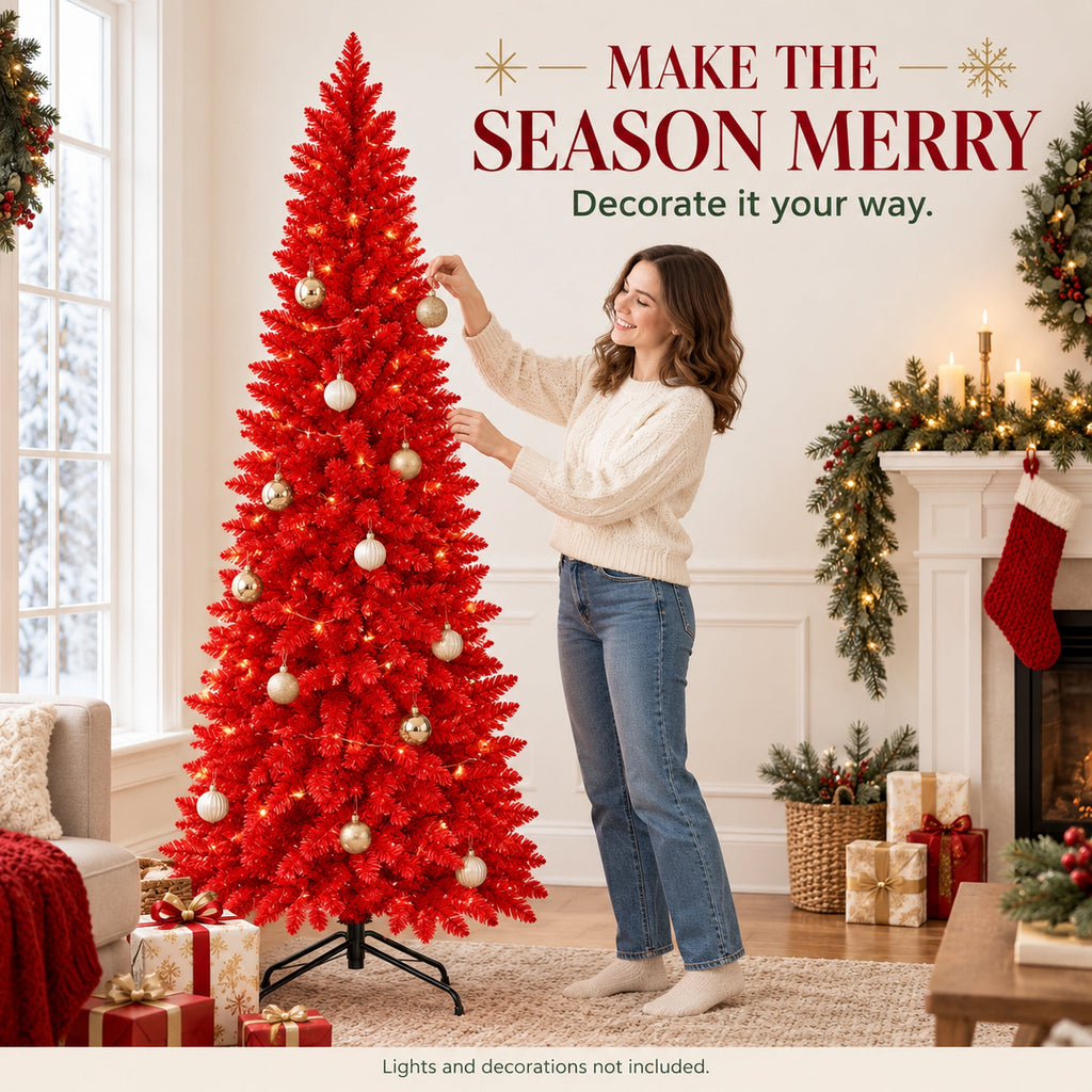 Ahititi 7 FT Red Christmas Tree, Slim Artificial Pencil Tree with 950 PVC Tips, Hinged Branches & Folding Stand, Holiday Decor