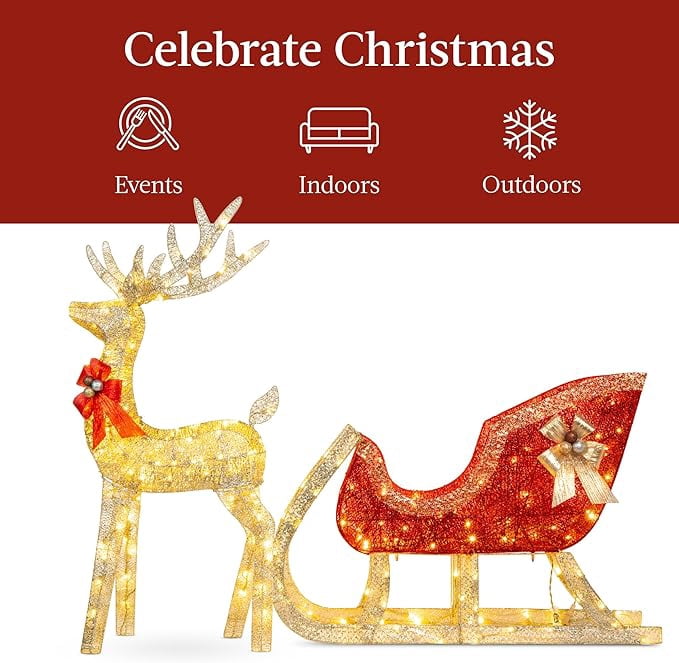 CONCETTA 4ft Lighted Christmas Reindeer & Sleigh Yard Decoration, Outdoor Holiday Lighted Display w/ 180 LED Lights, White Red