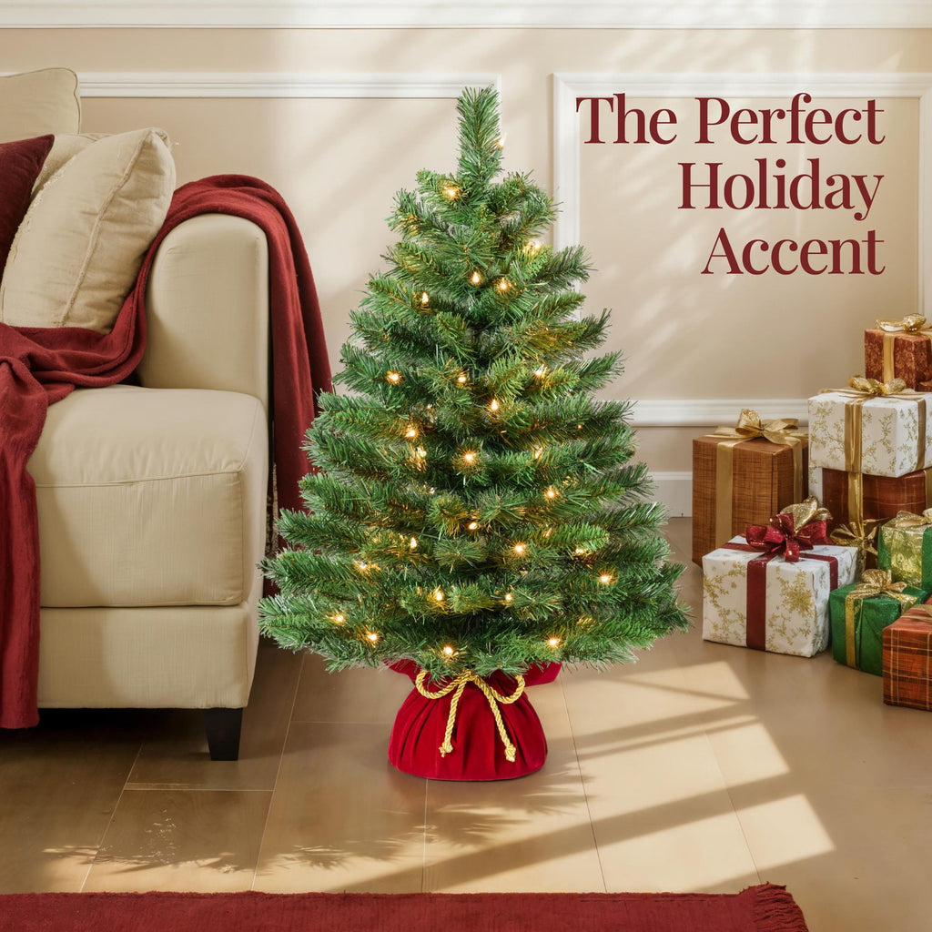 Best Choice Products Pre-Lit 24inch Tabletop Christmas Tree, Small Holiday Artificial Desktop Decor w/Warm White Lights, Red Velvet Cover