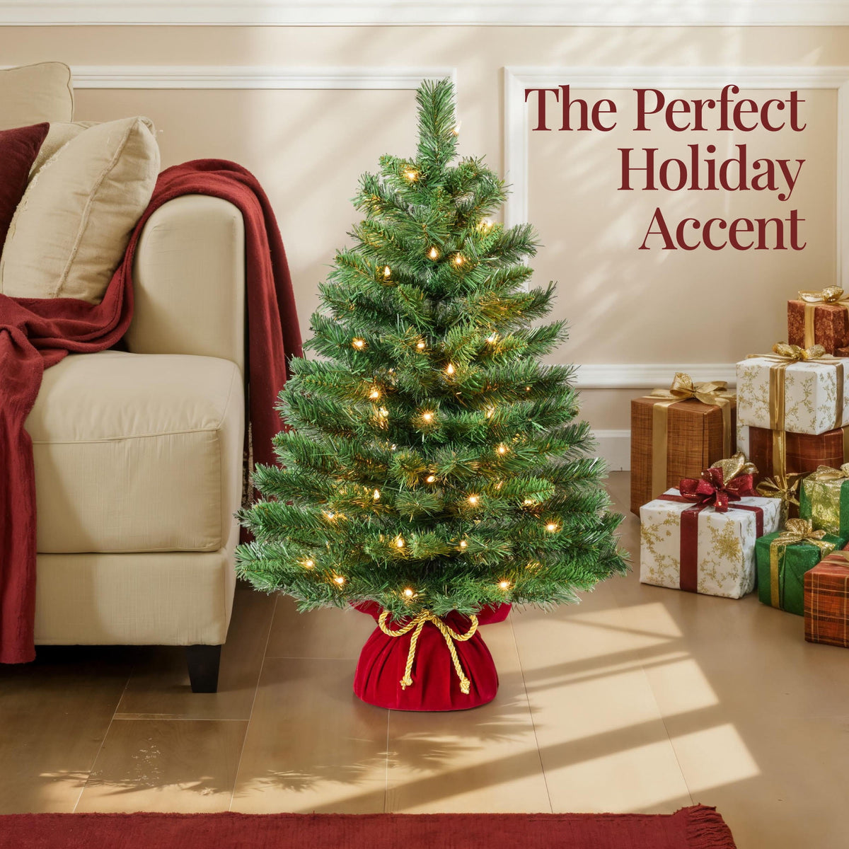 Best Choice Products Pre-Lit 24inch Tabletop Christmas Tree, Small Holiday Artificial Desktop Decor w/Warm White Lights, Red Velvet Cover