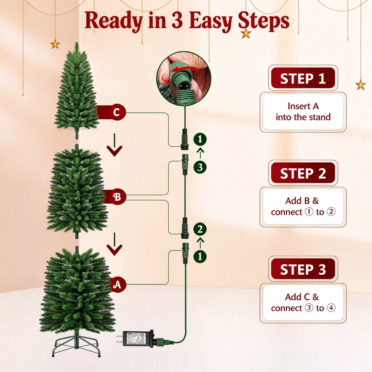 Goosiay Pre-Lit Pencil Artificial Christmas Tree, 6ft Xmas Tree with Metal Stand for Christmas Decoration, Green