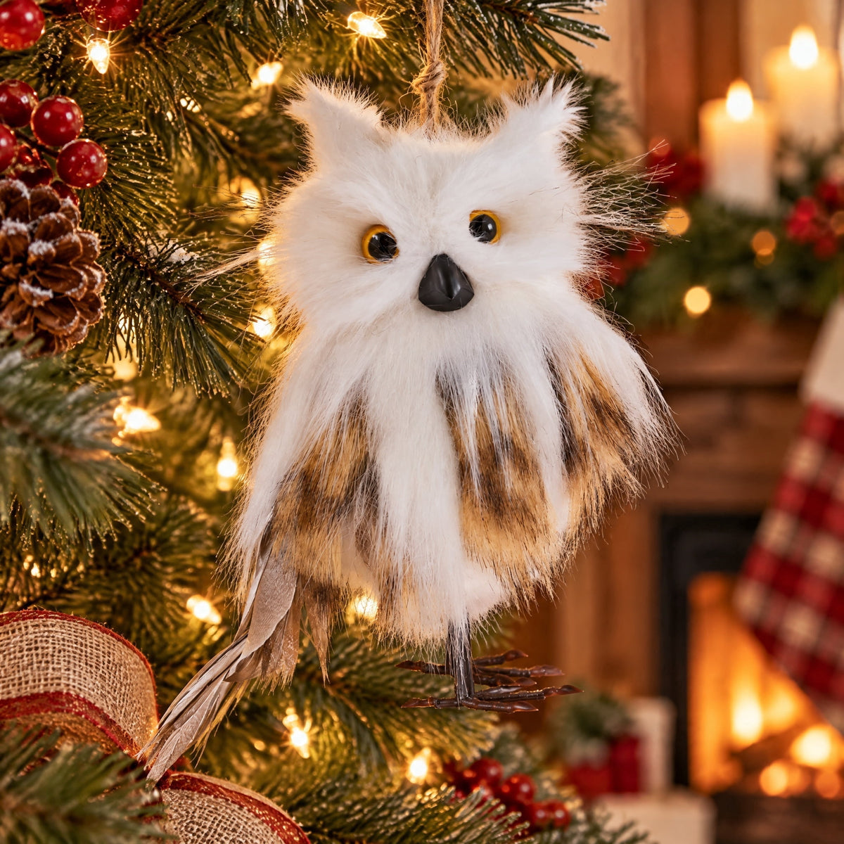 White and Brown Plush Owl Christmas Ornament, 6", by Holiday Time