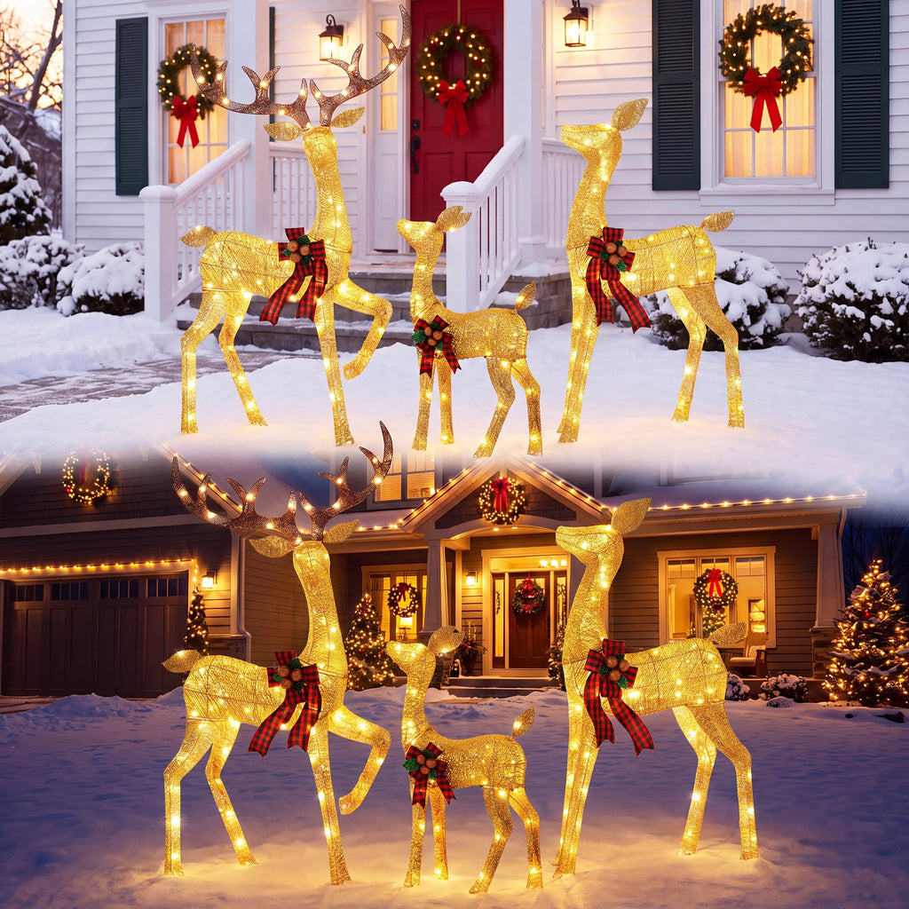 FOOWIN 3-Piece Large Christmas Deer Family, Lighted Outdoor Christmas Decoration, Champagne Gold