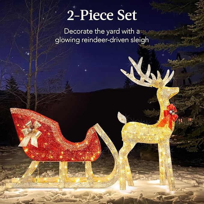 CONCETTA 4ft Lighted Christmas Reindeer & Sleigh Yard Decoration, Outdoor Holiday Lighted Display w/ 180 LED Lights, White Red
